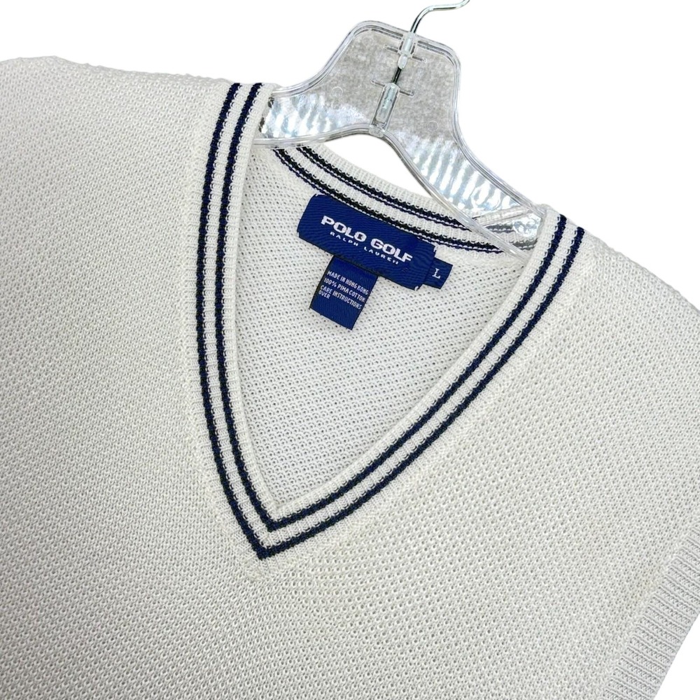 Polo Golf Ralph Lauren Sweater Vest Mens L Cream V-Neck Cotton Knit Sleeveless